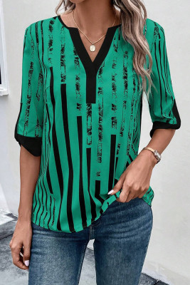 Striped Print V Neck Blouse