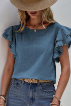 Ruffle Sleeves Plain Crew Neck Top