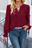 Plain Eyelet V Neck Pin-Tucked Puff Blouse