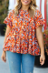 Orange Floral Printed Ruffle Sleeve Curvy Babydoll Blouse