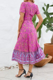V Neck Floral High Waist Ruffles Midi Dress