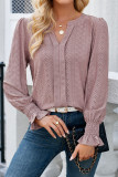Plain Eyelet V Neck Pin-Tucked Puff Blouse