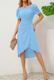 Plain Ruched Puff Midi Dress