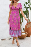 V Neck Floral High Waist Ruffles Midi Dress