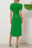 Plain Ruched Puff Midi Dress