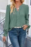 Plain Eyelet V Neck Pin-Tucked Puff Blouse