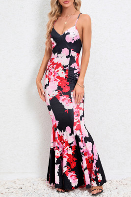 Floral V Neck Fish Tail Cami Maxi Dress
