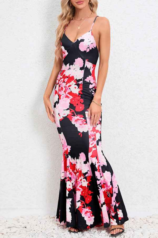 Floral V Neck Fish Tail Cami Maxi Dress