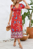 V Neck Floral High Waist Ruffles Midi Dress