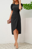 Plain Ruched Puff Midi Dress