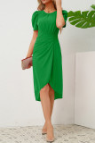 Plain Ruched Puff Midi Dress