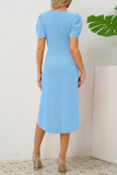 Plain Ruched Puff Midi Dress