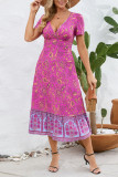 V Neck Floral High Waist Ruffles Midi Dress