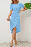 Plain Ruched Puff Midi Dress