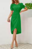 Plain Ruched Puff Midi Dress