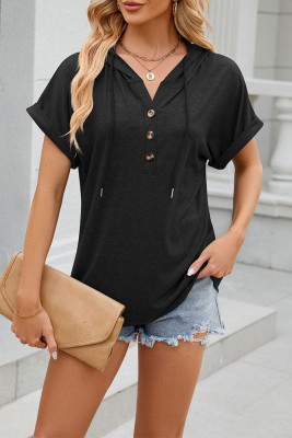 Drawstring Button Short Sleeves Hooded Top