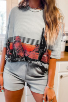 Gray Western Pattern Print Waffle Knit Two Piece Shorts Set