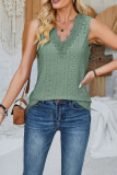 Plain Eyelet Pattern V Neck Lace Edge Tank Top