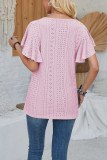 Plain Eyelet Pattern V Neck Lace Flutter Sleeves Top