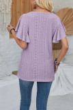 Plain Eyelet Pattern V Neck Lace Flutter Sleeves Top