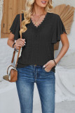 Plain Eyelet Pattern V Neck Lace Flutter Sleeves Top