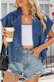 Blue Lapel Button Sleeveless Denim Vest