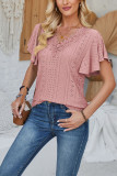 Plain Eyelet Pattern V Neck Lace Flutter Sleeves Top