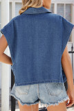 Blue Lapel Button Sleeveless Denim Vest