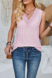 Plain Eyelet Pattern V Neck Lace Edge Tank Top
