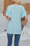 Plain Eyelet Pattern V Neck Lace Flutter Sleeves Top