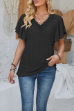 Plain Eyelet Pattern V Neck Lace Flutter Sleeves Top