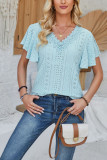 Plain Eyelet Pattern V Neck Lace Flutter Sleeves Top