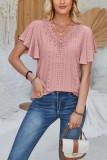 Plain Eyelet Pattern V Neck Lace Flutter Sleeves Top