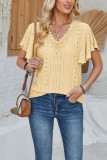 Plain Eyelet Pattern V Neck Lace Flutter Sleeves Top