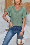 Plain Eyelet Pattern V Neck Lace Flutter Sleeves Top