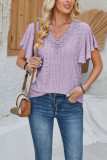 Plain Eyelet Pattern V Neck Lace Flutter Sleeves Top