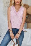 Plain Eyelet Pattern V Neck Lace Edge Tank Top