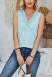 Plain Eyelet Pattern V Neck Lace Edge Tank Top