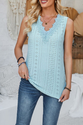 Plain Eyelet Pattern V Neck Lace Edge Tank Top