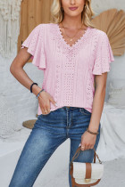 Plain Eyelet Pattern V Neck Lace Flutter Sleeves Top