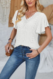 Plain Eyelet Pattern V Neck Lace Flutter Sleeves Top