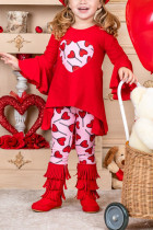 Heart Print Flare Sleeves Top And Pants Girl 2pcs Set