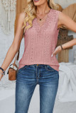 Plain Eyelet Pattern V Neck Lace Edge Tank Top
