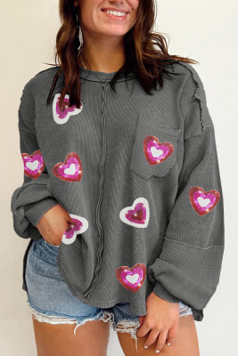 Dark Grey Plus Size Sequin Heart Patch Crinkle Patchwork Top