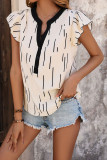 Printed V Neck Buttoned Flutter Sleeves Blouse