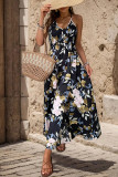 Black V Neck Smocked Halter Backless Floral Dress