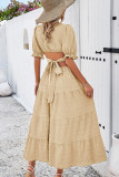 Plain Texture V Neck Hollow Out Waist Ruffles Maxi Dress
