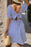 Blue Stripes Splicing Bubble Sleeves Dress