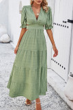 Plain Texture V Neck Hollow Out Waist Ruffles Maxi Dress