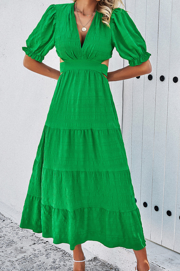 Plain Texture V Neck Hollow Out Waist Ruffles Maxi Dress